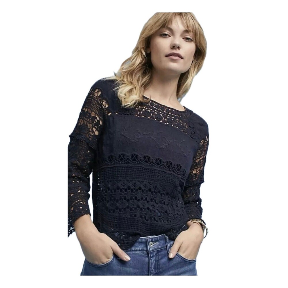 Anthropologie Deletta Navy Bohemian Crochet Lace Embroider Blouse Cover Up Top M